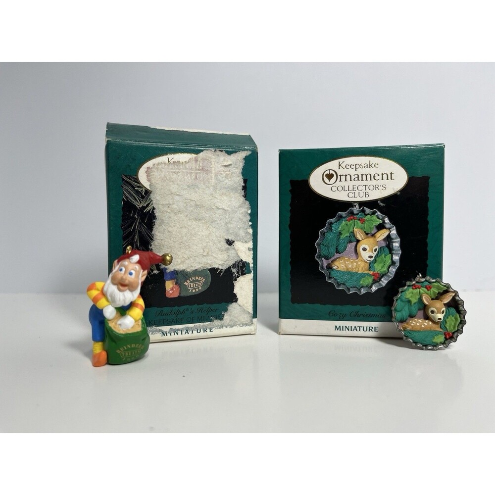 Hallmark Miniature Ornament Lot Cozy Christmas Deer Rudolph’s Helper 1995 1996